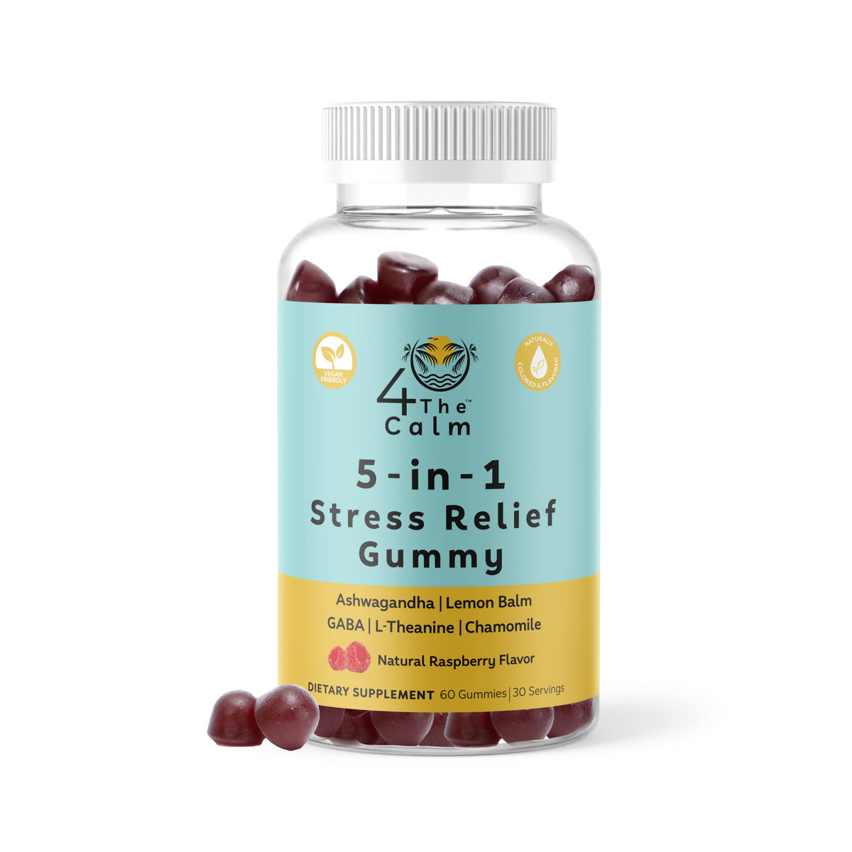 4TheCalm 5in1 Stress Relief Supplement Gummy – GABA Lemon Balm L-Theanine Chamomile Ashwagandha – Stress Relief Gummies (Natural Raspberry Flavor 60 Gummies)